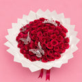 50 HOT PINK ROSES +SILVER BUTTERFLIES 🦋 WITH CROWN 👑