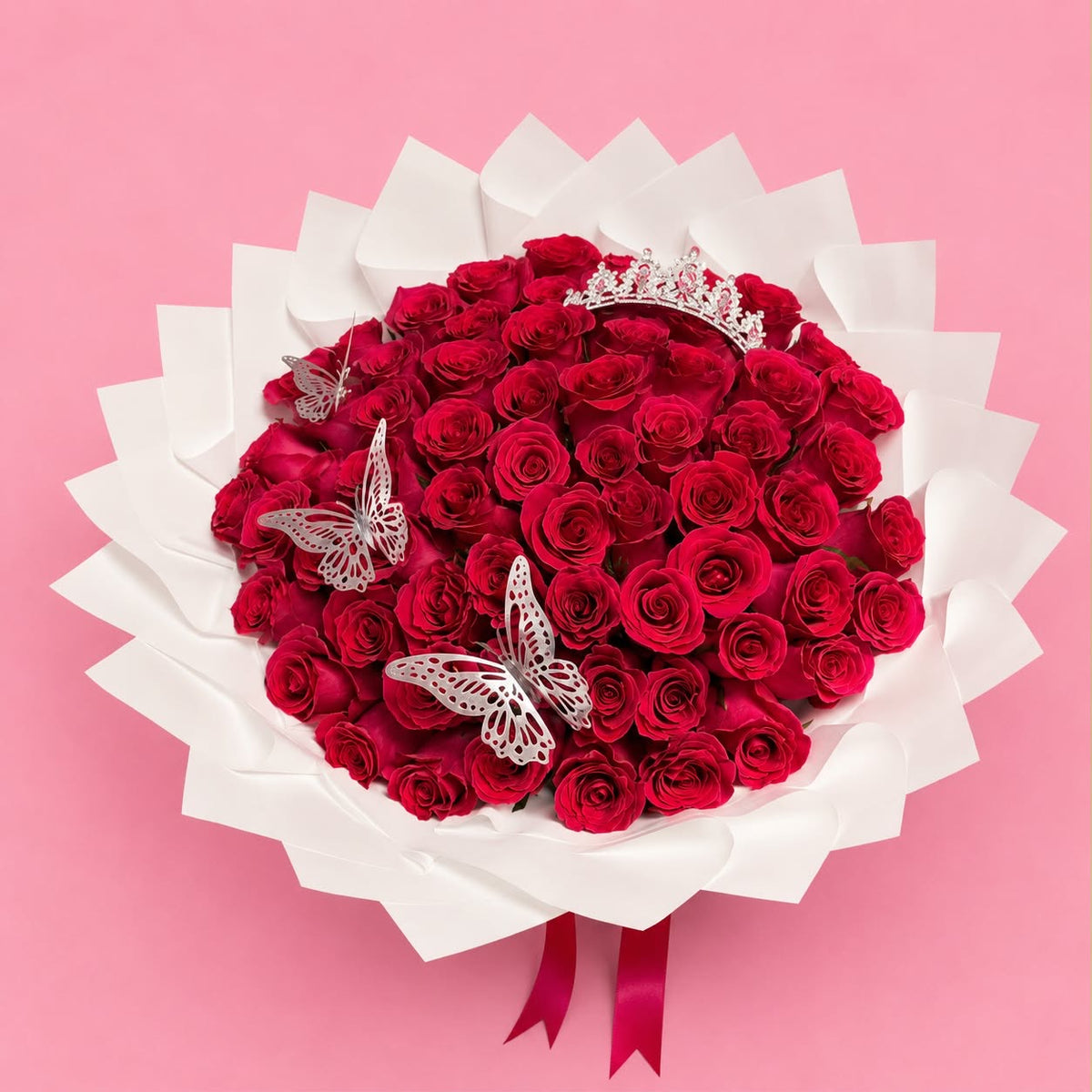 50 HOT PINK ROSES +SILVER BUTTERFLIES 🦋 WITH CROWN 👑