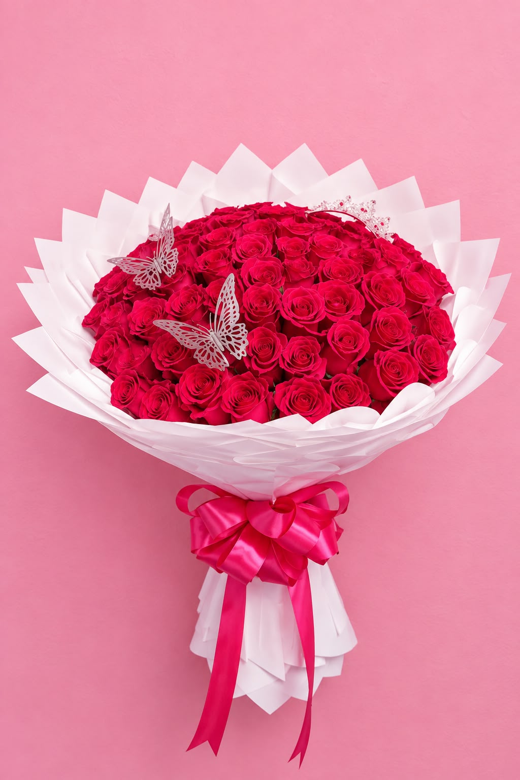 50 HOT PINK ROSES +SILVER BUTTERFLIES 🦋 WITH CROWN 👑